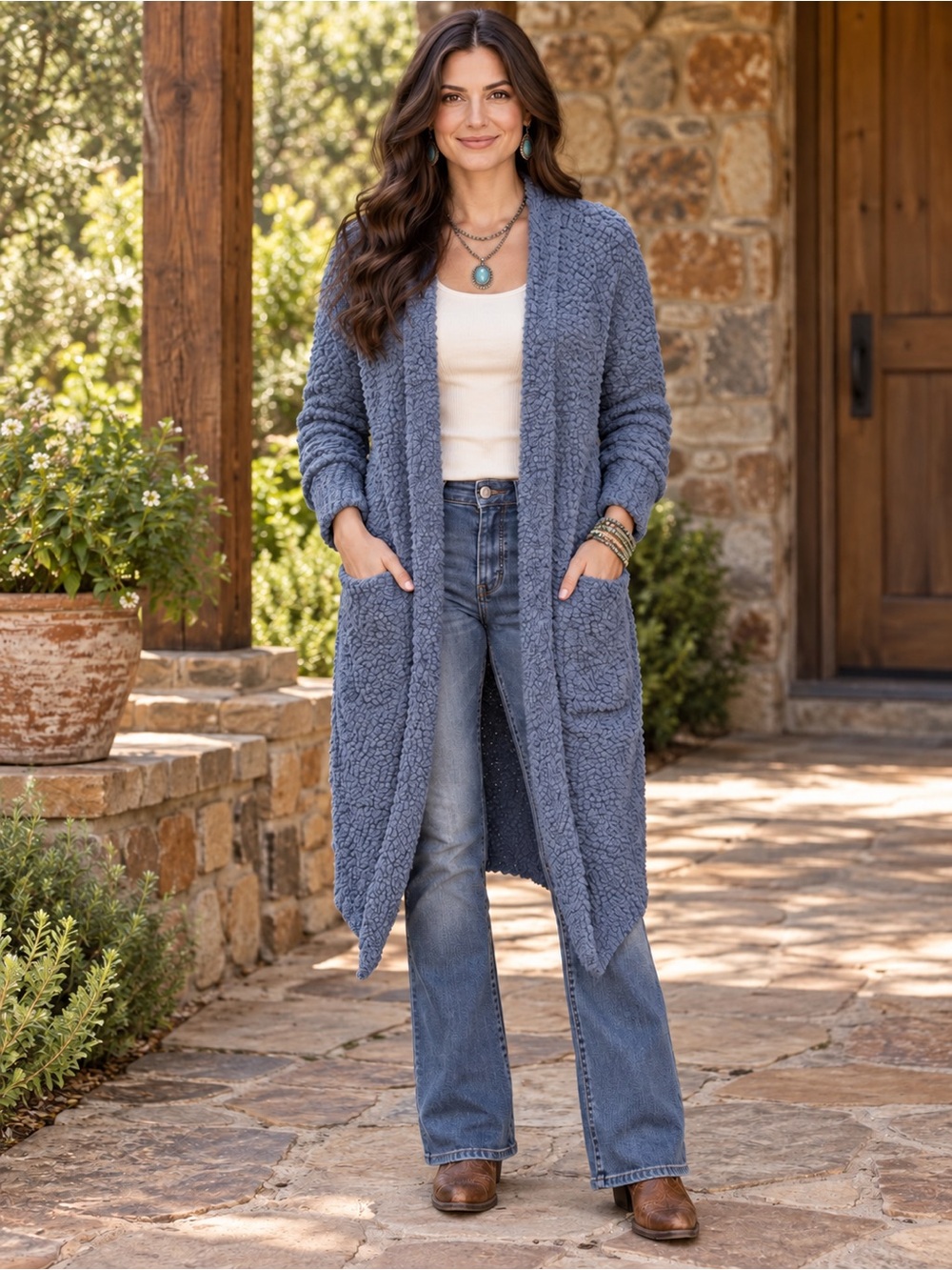 H251B Zesica M ptp 19-21 Open-Front Popcorn Knit Cardigan Dusty Blue Sweater